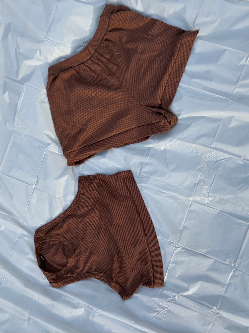 Fashion Nova Brown Ribbed Crop Tank & Lounge Shorts Set